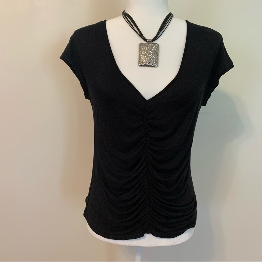 Women’s Black Blouse by Tresics. Curve fitted design. Stretch, ruched front.